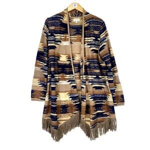 Lucky Brand Southwest Aztec Fringe Cardigan Sweater Sz L Brown Blue Open Front